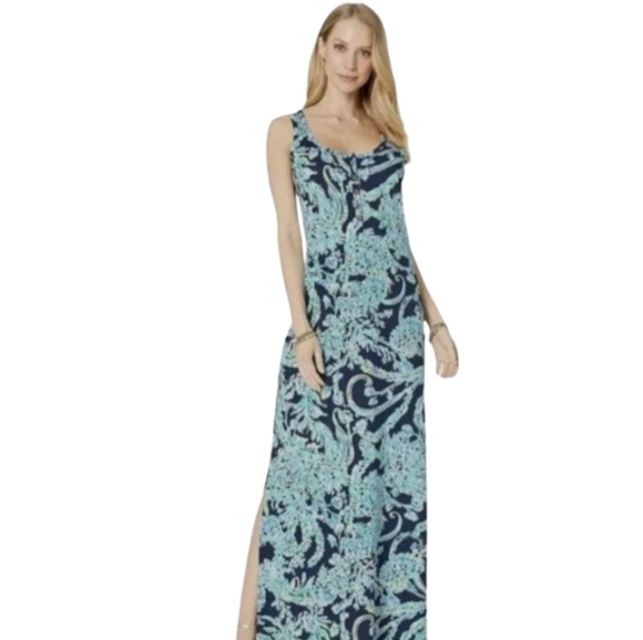 Lilly Pulitzer Merrill Maxi Dress, High Tide, Scuba Doo, XS - Picture 1 of 11